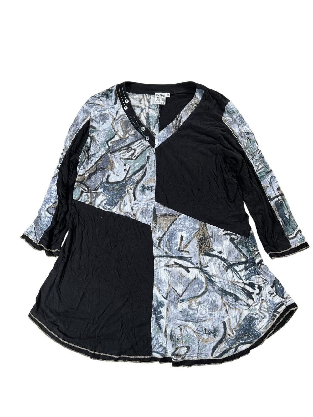Parsley And Sage Tunic Womens XL Black V-Neck Long Sleeve Colorblock Relaxed Fit